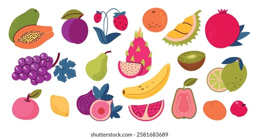 Set collection of colorful fruits and berries. Pear, guava, apricot, durian, pitaya, plum, apple, lemon, banana, pomegranate, fig, orange, kiwi, grape, lime, strawberry isolated illustrations