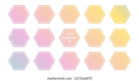 Set, collection of colorful gradient hexagon frames, labels, backgrounds. Social media icons, design elements.
