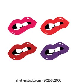 Conjunto, colección de labios coloridos de las mujeres, íconos de labios mordaces, ilustración.
