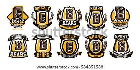 Set, collection of colorful logos, emblems, letter the scratched claw angry bear, grizzly. Vector illustration, dynamic and sporty style, printing on T-shirts 