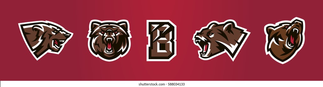 Set, collection colorful logos, identity, mascots for the sports club, community, company, angry and growling, bear ready to attack. Vector illustration, dynamic execution 