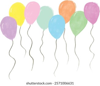 Set collection Colorful pastel soft colors birthday balloons with string watercolor crayon hand drawn cute illustration isolated in white