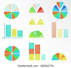 Set, collection of colorful pie charts, diagrams, white background