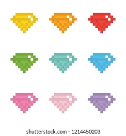 Set, collection of colorful pixel gems, jewels, diamonds isolated on white background.