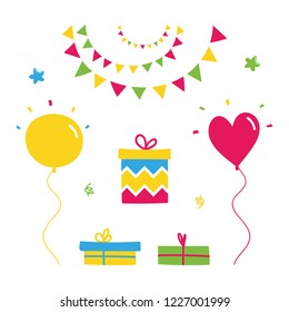 Set, collection of colorful vector party design elements, balloons, garlands, gifts, confetti.