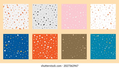 Set collection of colorful venetian terrazzo imitation seamless stone fragments pattern. Modern minimalistic trendy floor tile abstract background vector illustration.