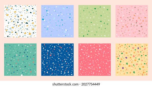 Set Sammlung von bunten venezianischen Terrazzo Imitation nahtlosen Stein Fragmente Muster. Moderne minimalistische, trendige Bodenfliesen abstrakter Hintergrund, Vektorgrafik.