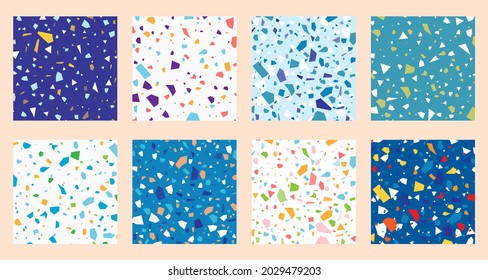 Colección de coloridos fragmentos de piedra sin costura de la imitación de terrazo veneciano. Moderna ilustración vectorial de fondo abstracta con baldosas de suelo minimalista.