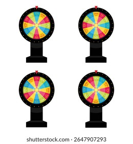 Conjunto, coleção de rodas coloridas de promoções da sorte da fortuna com prêmio de presente e desconto de venda. Fortune jogo de roda girando. Rotação roleta, jogo de loteria com ponteiro indicando vários ganhos
