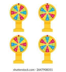 Conjunto, coleção de rodas coloridas da fortuna para promoções de sorte com presente e desconto de venda. Fortune jogo de roda girando. Rotação roleta, jogo de loteria com ponteiro indicando vários ganhos