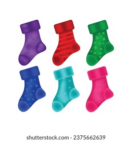 Set, collection of colourful decorated Christmas socks, Christmas stocking, sock-shaped bags for winter holidays design