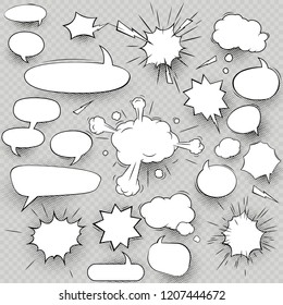 Set of collection comic style speech bubbles and elements with halftone shadows. Cloud oval rectangle and jagged shape contours icons. EPS 10
