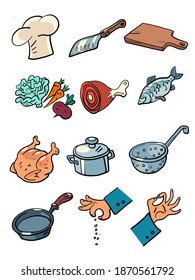 Set collection cooking kitchen spices food condiments. Comic book cartoon pop art style hand drawing