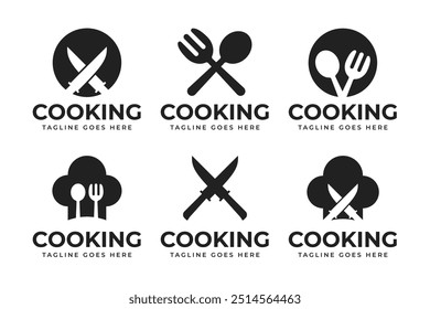 Definir design do logotipo de cozimento da coleção. Logotipo para aulas de culinária com espátula, garfo, colher, faca e chapéu. Ideia do modelo de ilustração vetorial