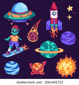 The set is a collection of cosmic elements, planets, stars, flying saucer, alien, meteorite, comet, rocket, sun. A set for creating a design, children's cartoon cute icons. Space design elements