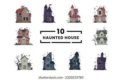 Colección Creepy Haunted House o castillo mansión Abandonada casa con fantasma y murciélago para la ilustración del concepto de halloween