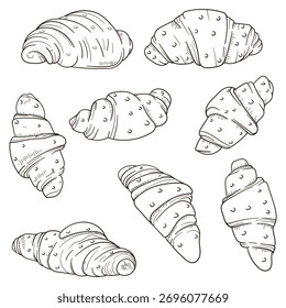 Set Kollektion von Croissant Vektorgrafik in handgezeichnetem Design für Bäckerei Werbevorlage. einzeln auf weißem Hintergrund