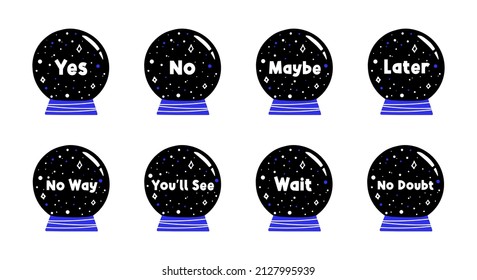 Set, collection of crystal balls, magic spheres with variety of answers for fortune-telling and predictions design.
