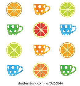 Set Collection of cups and citrus slices - orange, lemon, lime and grapefruit, icons set, colorful isolated on white background, vector illustration