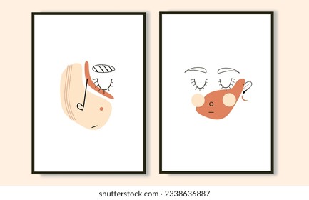 Set collection of cute abstract face wall art. Aesthetic abstract line art face wall decoration for home decor.