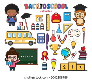 Set Collection Of Cute Back To School And Equipment Doodle Clip Art Cartoon Icon Illustration Flat Cartoon Style Design