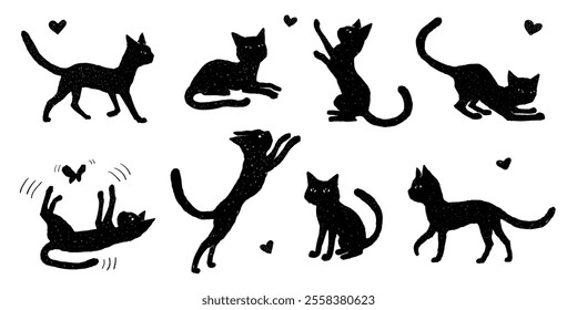 Set collection of cute black silhouettes of cats kittens in various poses and emotions in hand drawn scribble sketch doodle style isolated on white background