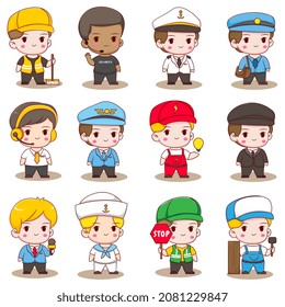 Set collection cute boy with different professions. Chibi character isolated in white background