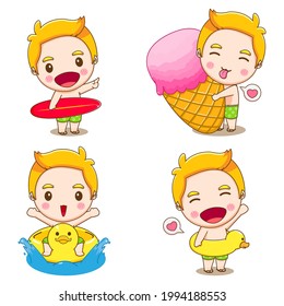 Set collection of cute boy doing summer activities. Cartoon design illustration. Isolated with background