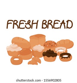 Set, collection Cute bread. Bakery, confectionery. Vector illustration. Menu, banner, signboard, frame, emblem, advertisement, label,