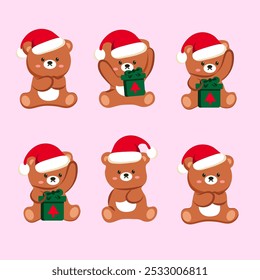 set of collection cute brown bear wear a hat christmas in holiday vector