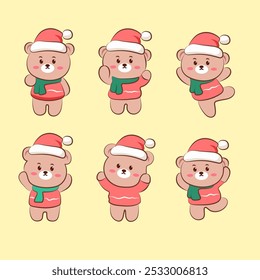 set of collection cute brown bear wear a hat christmas in holiday vector