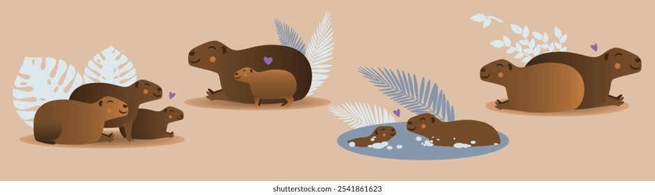 Conjunto ou coleção com capibaras bonitas com folhas, ilustração de stock de vetor plano com capibaras divertidas e felizes para design