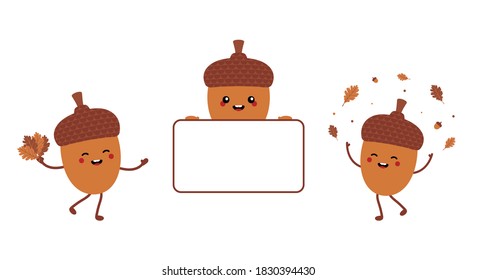 Set, collection of cute cartoon acorn characters smiling, dancing, holding blank, empty card. Acorn characters for autumn season design.
