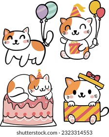 Set Collection Cute Cartoon Birthday Cat Character Illustration vector