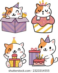 Set Collection Cute Cartoon Birthday Cat Character Illustration vector