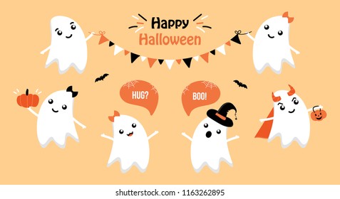 Set, collection of cute cartoon ghost characters, having fun, dressing in different costumes, hanging decorations and celebrating Halloween.