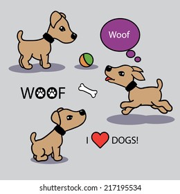 set collection of cute cartoon illustrations of a happy playful puppy baby dogs. isolated with shadows and text on white background. vector illustrations.
