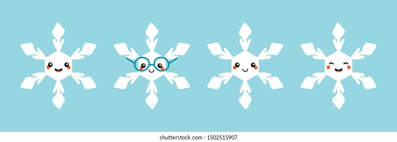 Set, collection of cute cartoon smiling snowflakes characters for winter and christmas design.