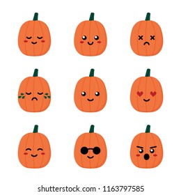 Set, collection of cute cartoon style pimpkin emoji, facial expressions for autumn and Halloween design.