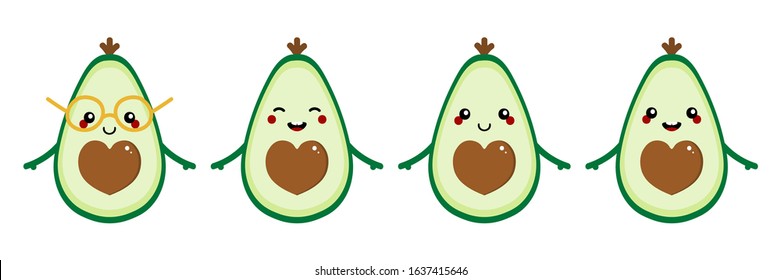 Set, collection of cute cartoon style avocado characters for vegan, healthy diet and cooking design.