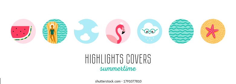 Set, collection of cute cartoon style icons for social media stories, highlights covers. Summer relax, vacation, weather highlights icons.
