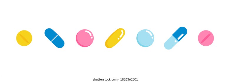 Set, colección de pastillas coloridas al estilo de las caricaturas lindas, medicaciones de diferentes tamaños y formas, aisladas en fondo blanco.