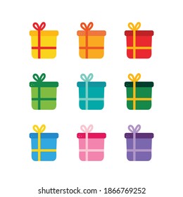 Set, collection of cute cartoon style colorful gift boxes, gifts, present packages with bow.