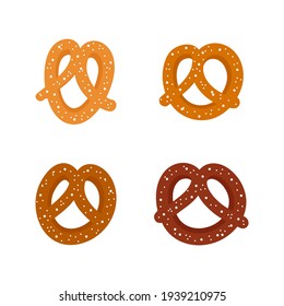 Set, collection of cute cartoon style pretzel, knot-shaped baked pastry icons.