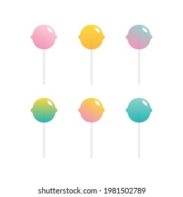 Set, collection of cute cartoon style colorful lollipops, sugar candy on stick.
