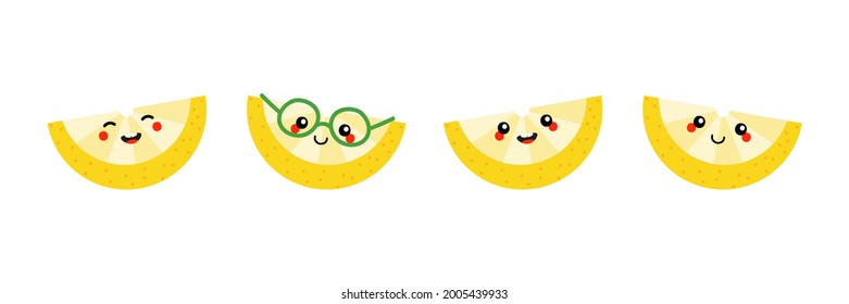 Set, collection of cute cartoon style yellow smiling lemon slice characters.