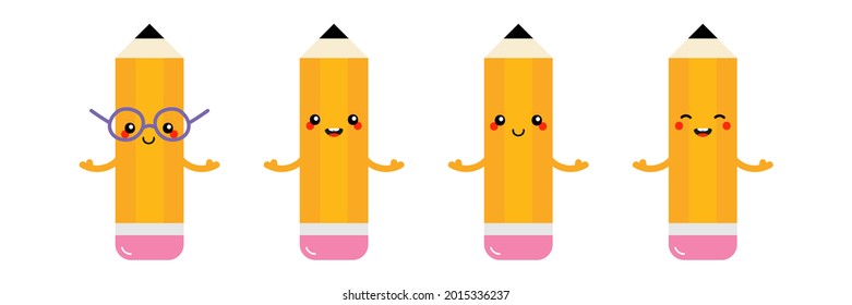 Set, collection of cute cartoon style yellow pencil with eraser characters.
