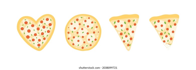 Set, collection of cute cartoon style pizza icons. Round, heart-shaped and slices pizza icons, stickers for fast food design.
