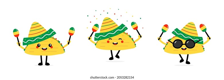 Set, collection of cute cartoon style taco characters dancing with maracas and wearing sombrero for Cinco de mayo and other mexican holidays.