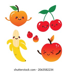 Set, collection of cute cartoon style fruits and berries. Funny and smiling banana, cherry, peach, apple and berries characters for food design.
